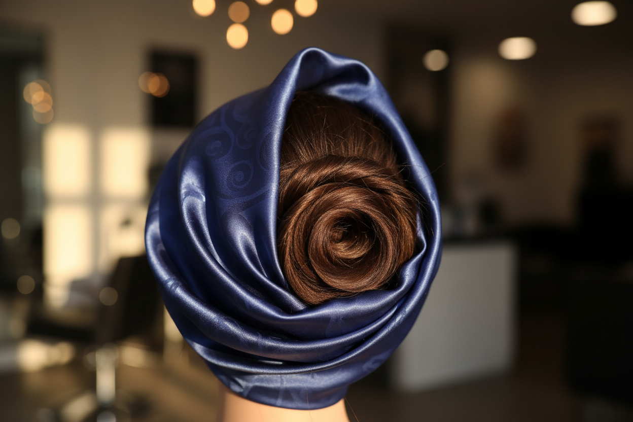 hair wrapped in a silk scarf